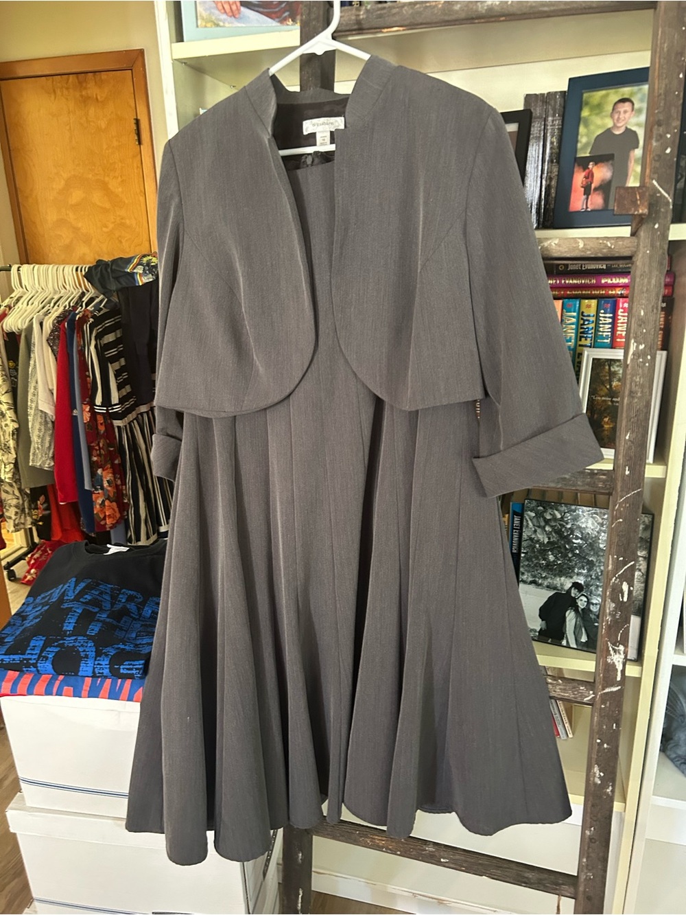 dressbarn Gray Pleated Midi Dress with Cropped Jacket